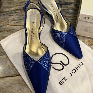 ST. JOHN Sapphire Blue Satin Sling backs ITALY Jeweled Ciel Sara